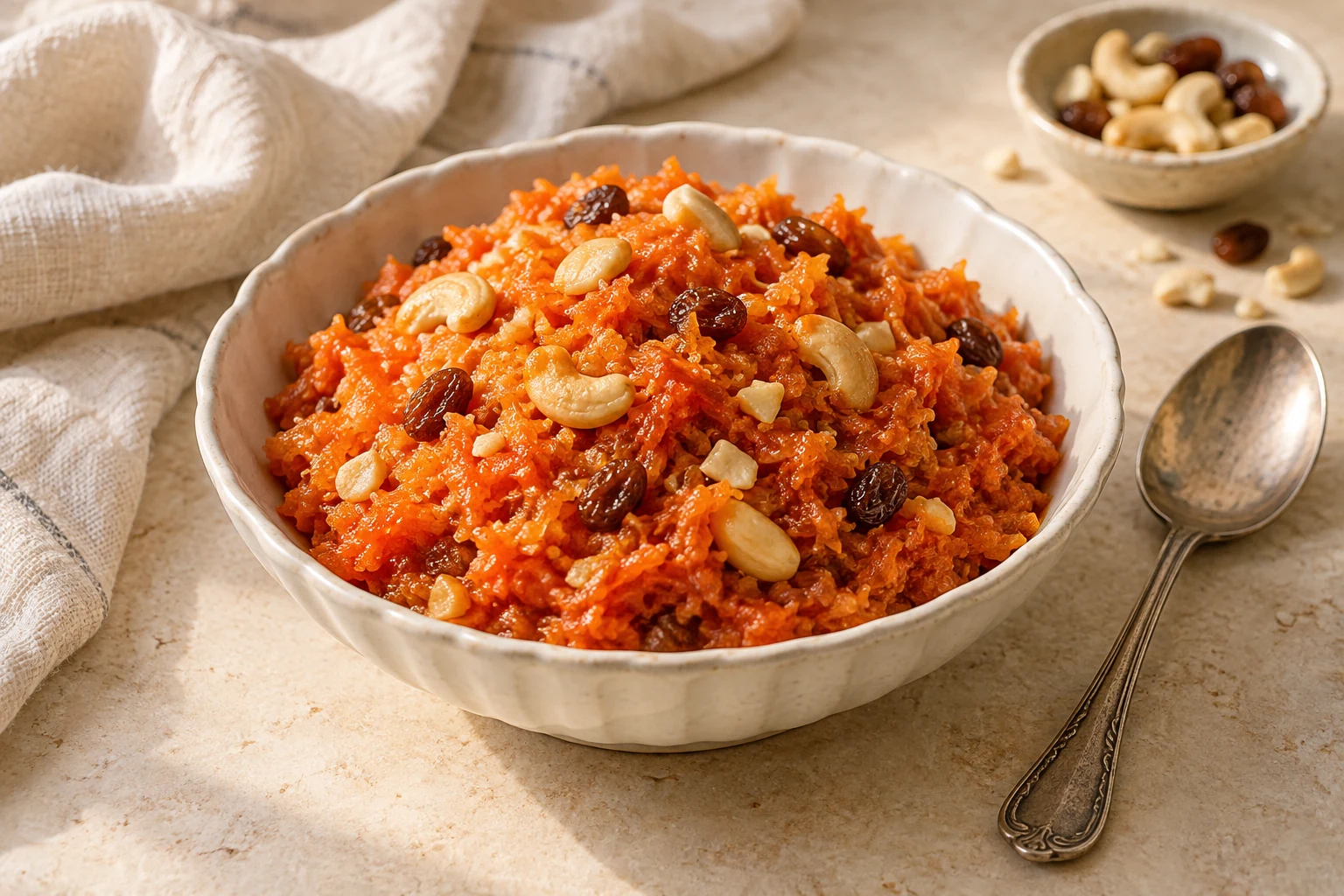 Moist textured orange grated-carrot halwa with irregular cashew pieces and a few raisins