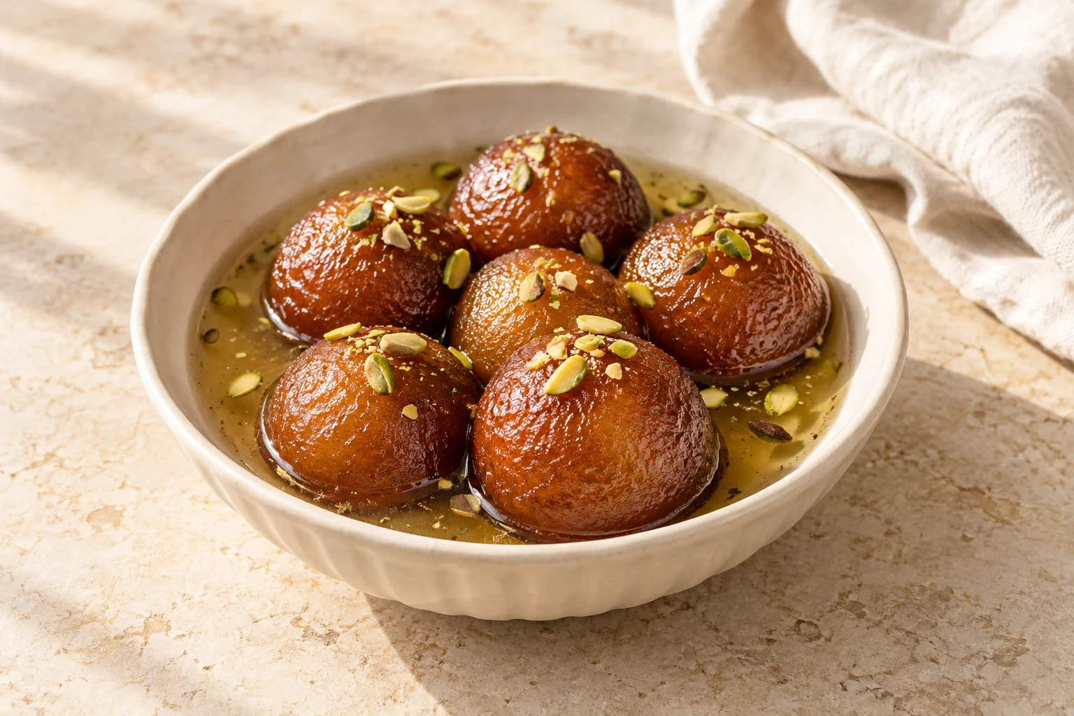 Naturally varied dark-golden round gulab jamun partially immersed in light amber syrup with a few pistachio slivers