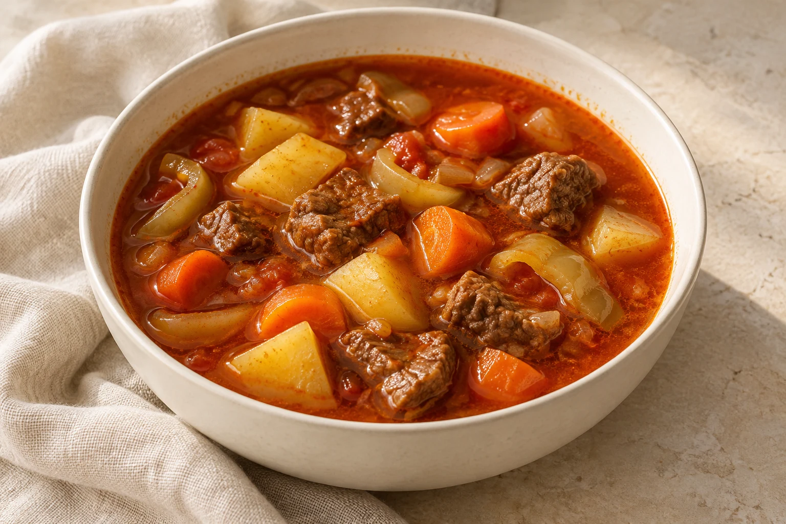 Tender beef, irregular potato chunks, carrot slices, and pale pepper pieces in a loose red paprika broth