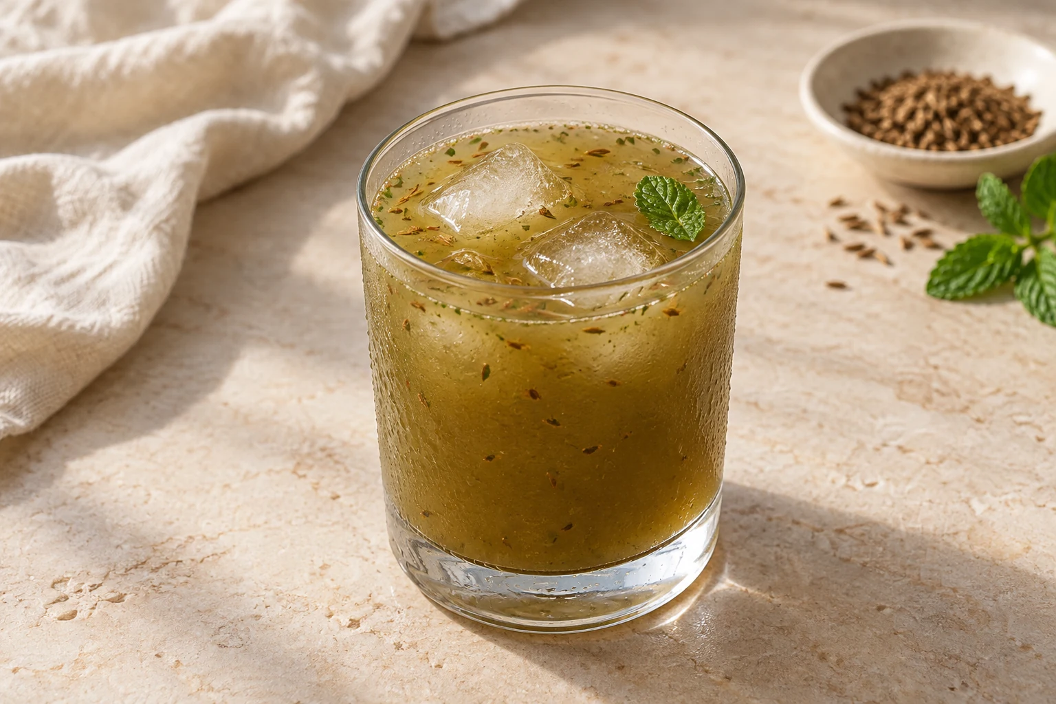 Cloudy pale olive-green cumin and mint drink with tamarind, scattered spice specks, ice, and a loose mint leaf