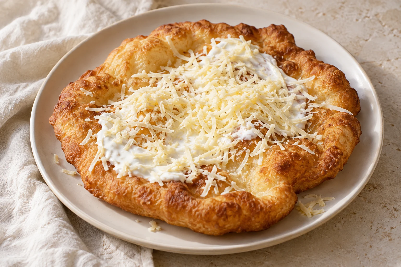 An irregular golden fried flatbread topped with garlic sour cream and naturally scattered grated cheese