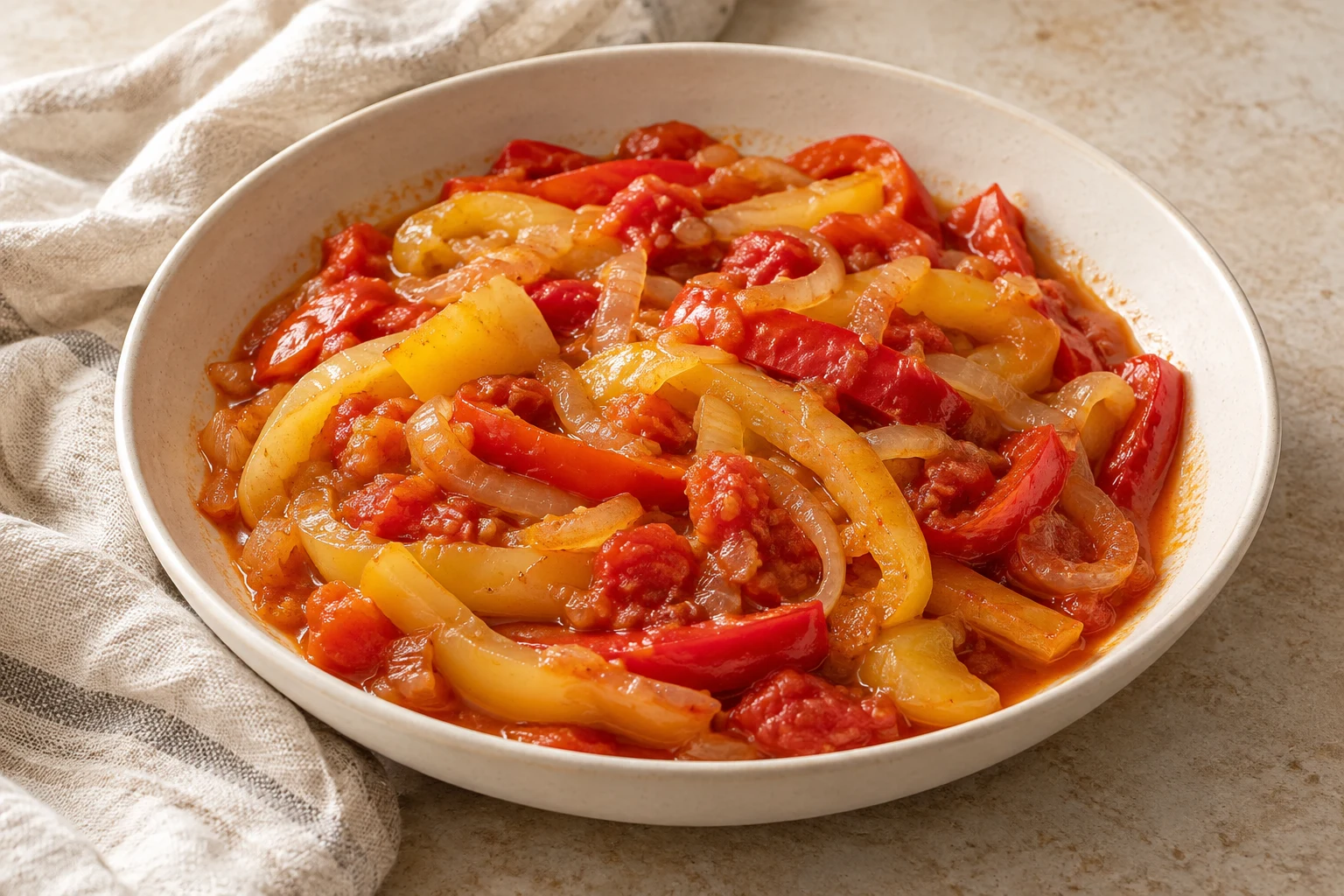 Uneven strips of pale yellow and red sweet peppers with soft onions in a chunky tomato sauce