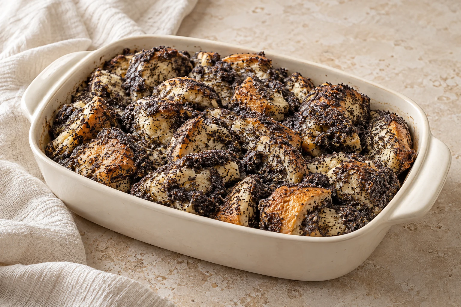 Irregular softened bread pieces densely speckled with ground poppy seeds and lightly toasted at their exposed edges