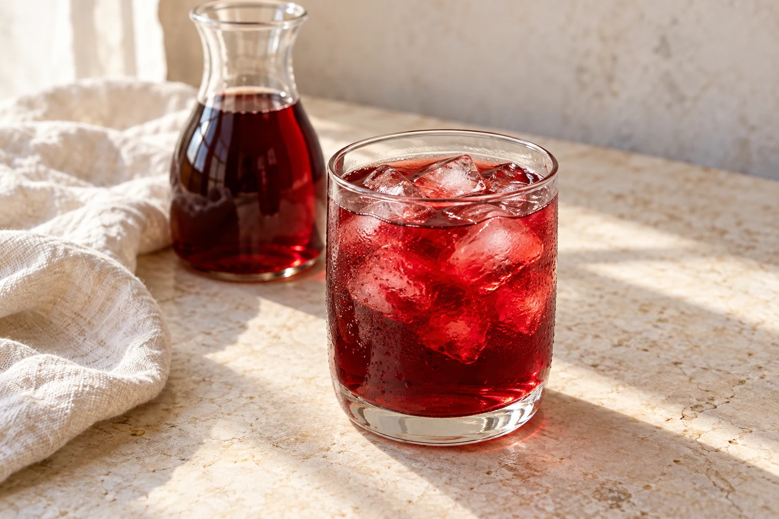 Ruby-red diluted sour-cherry cordial with a few uneven ice cubes in a clear glass, without garnish