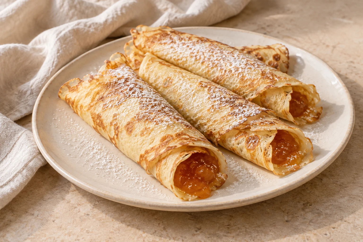 Thin golden crêpes loosely rolled with apricot jam, irregular browned patches, and a light dusting of powdered sugar