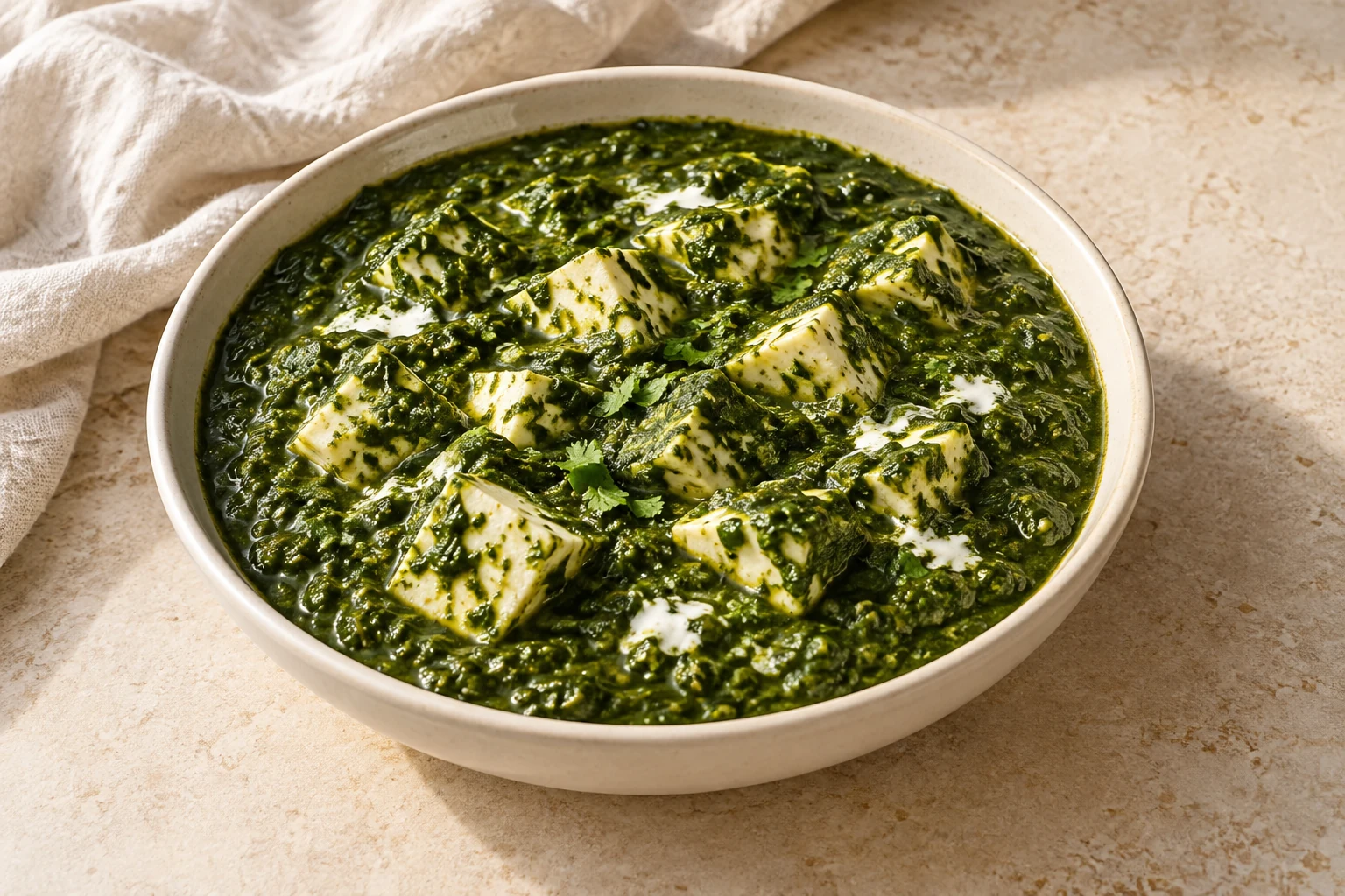 Ivory paneer cubes in a thick green spinach sauce with a few small irregular drops of cream