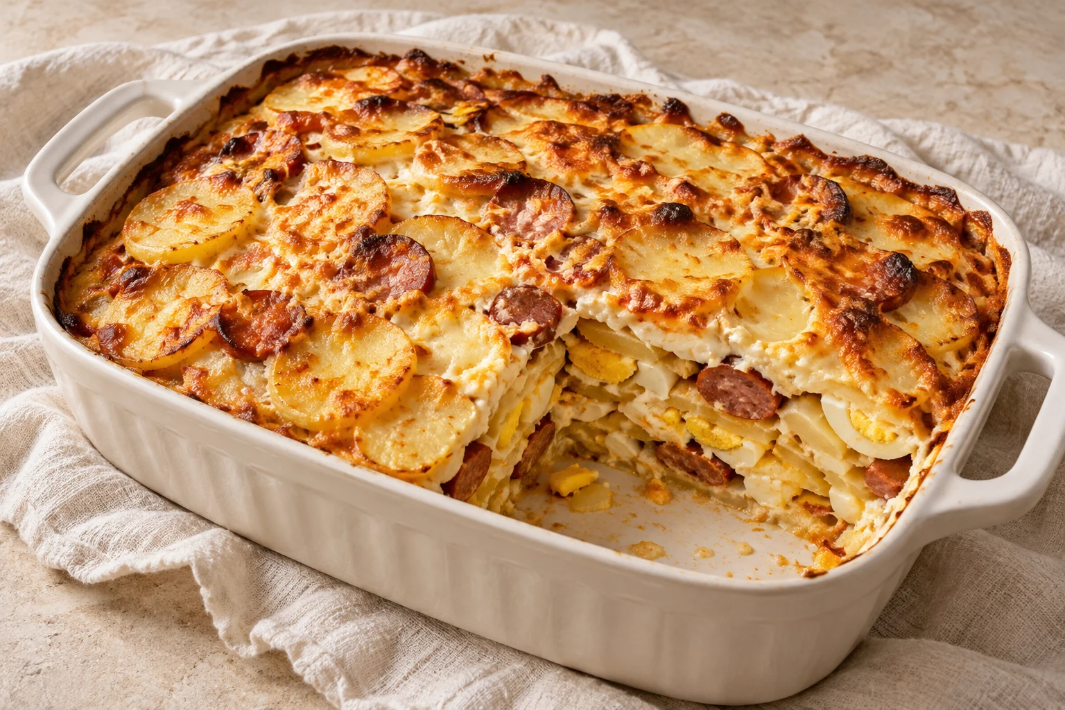 Rustic potato casserole with visible hard-boiled egg slices and red paprika sausage beneath a lightly browned sour-cream top