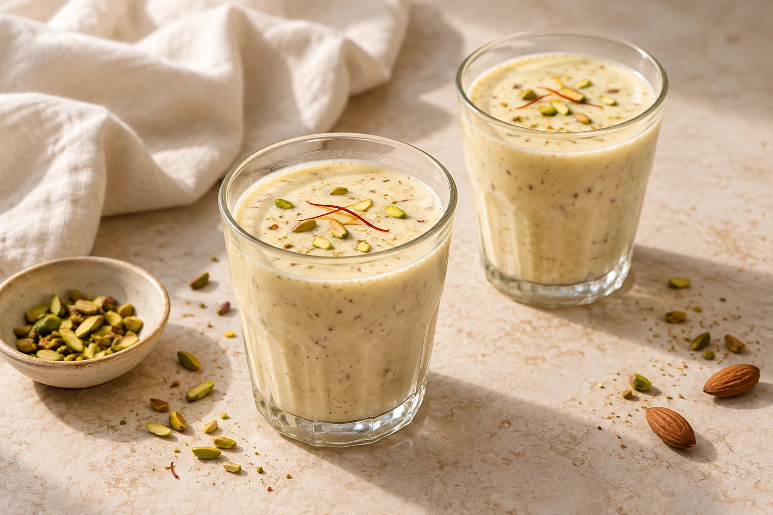 Pale cream thandai in simple glasses with a few saffron threads and irregular pistachio slivers