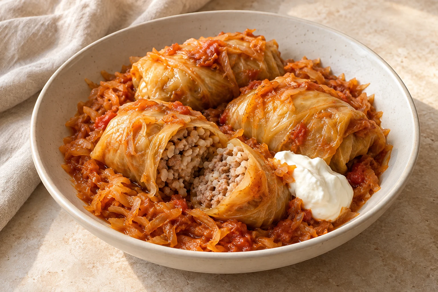 Soft cabbage rolls on paprika-tinted sauerkraut, one cut open to show pork and rice, with a small spoonful of sour cream
