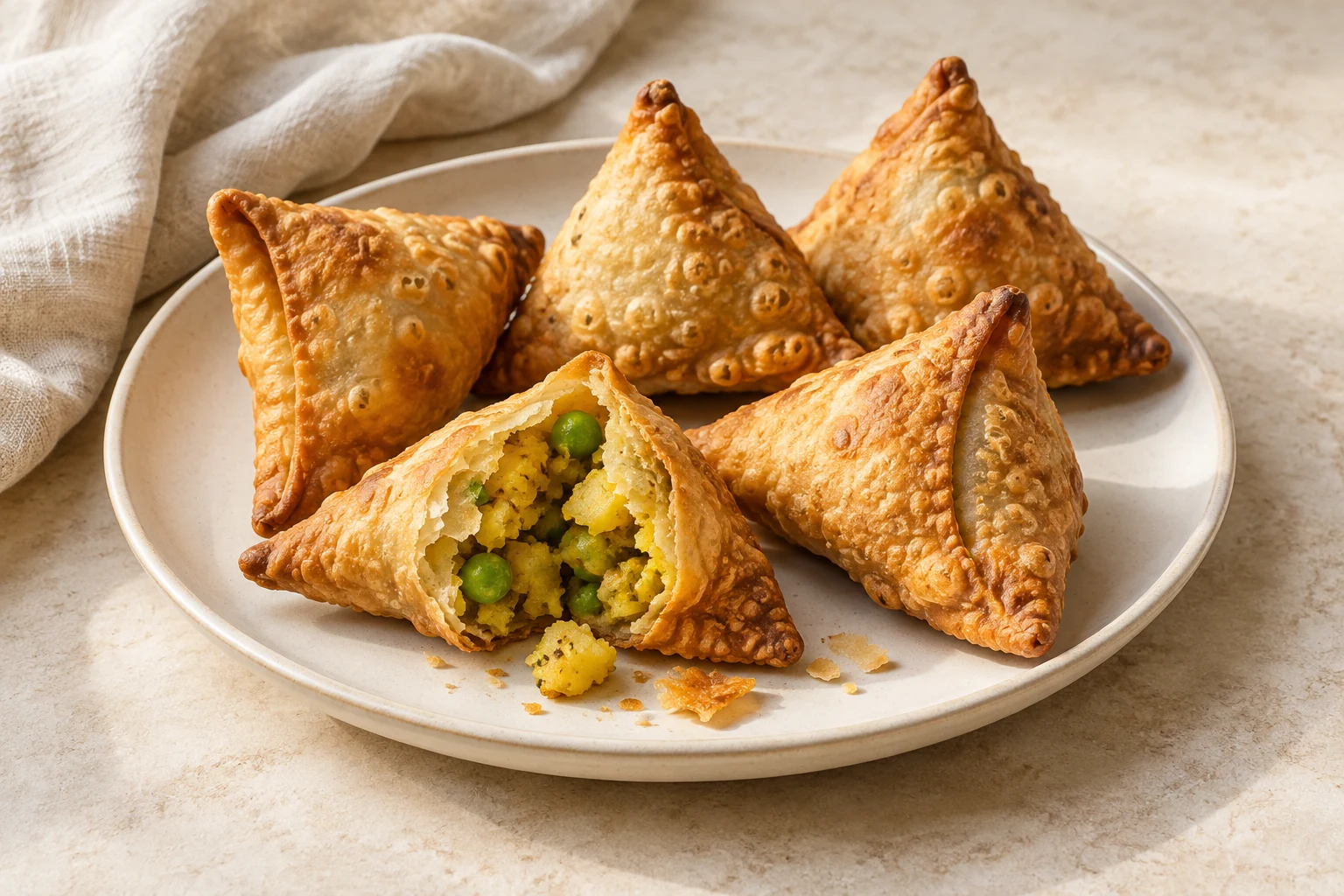 Loosely arranged golden triangular samosas with naturally varied edges, one opened to show spiced potato and green peas
