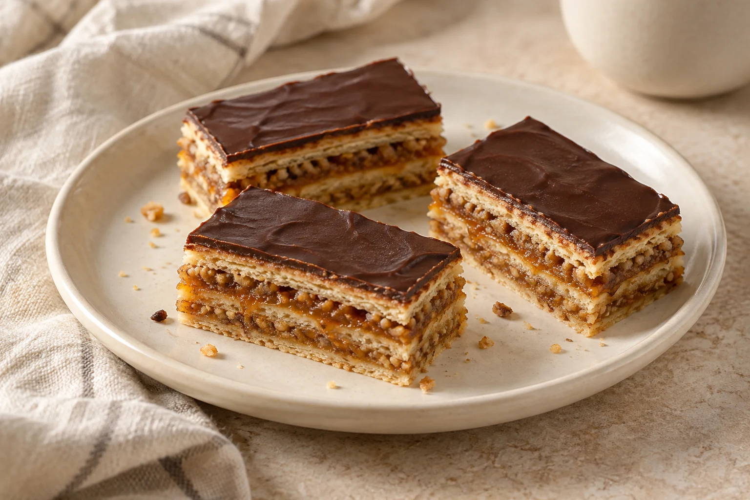 Small irregularly arranged cake slices showing three pale pastry layers, two walnut-apricot layers, and a thin dark chocolate top