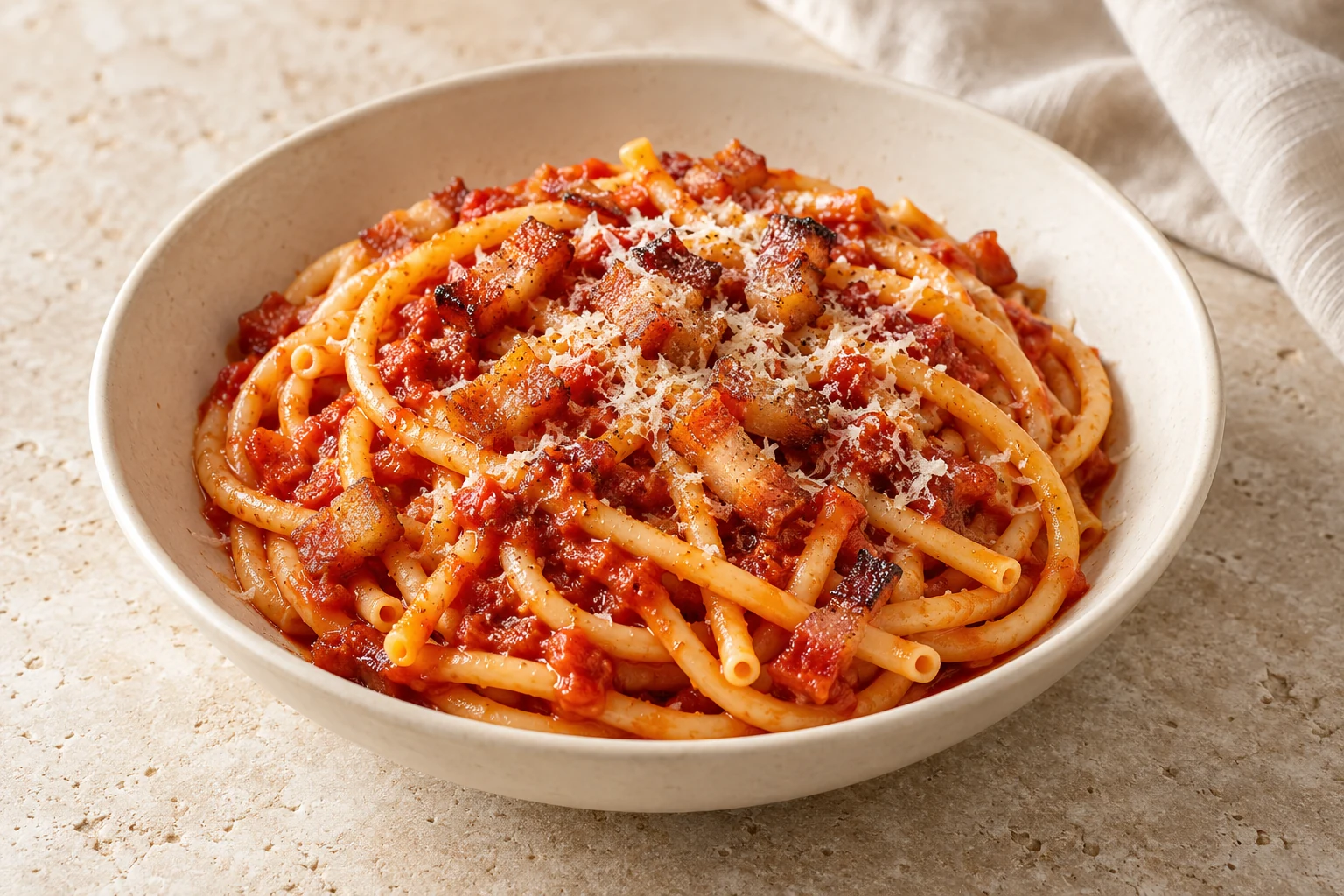 Bucatini in red tomato sauce with small crisp pieces of guanciale and a light Pecorino dusting in an ivory bowl