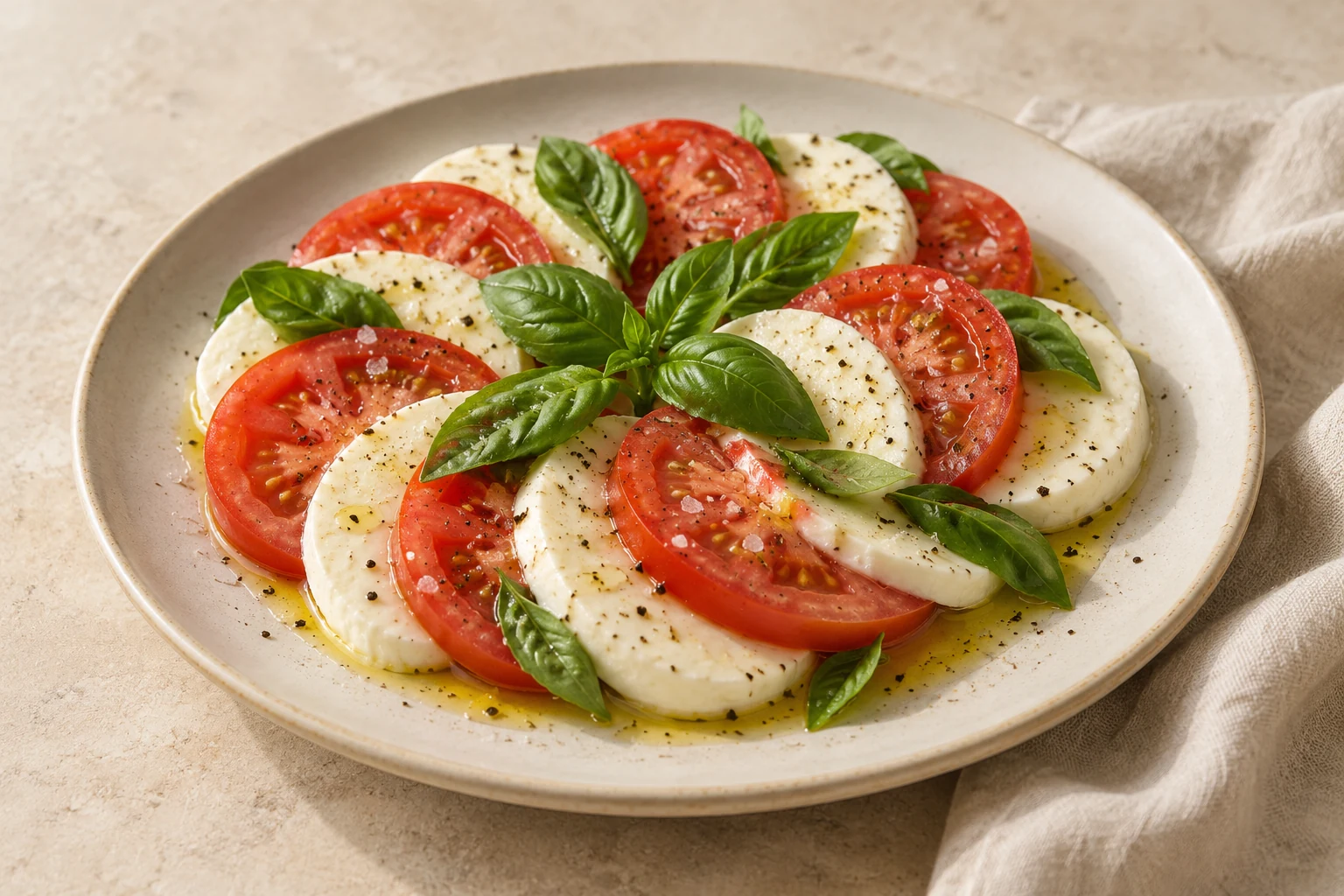 Alternating slices of ripe red tomato and fresh mozzarella with basil, olive oil and black pepper on an ivory plate