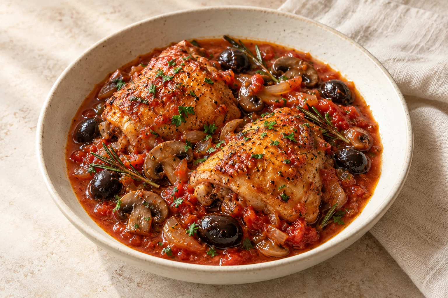 Bone-in chicken thighs in a tomato braise with mushrooms, black olives and parsley in an ivory bowl