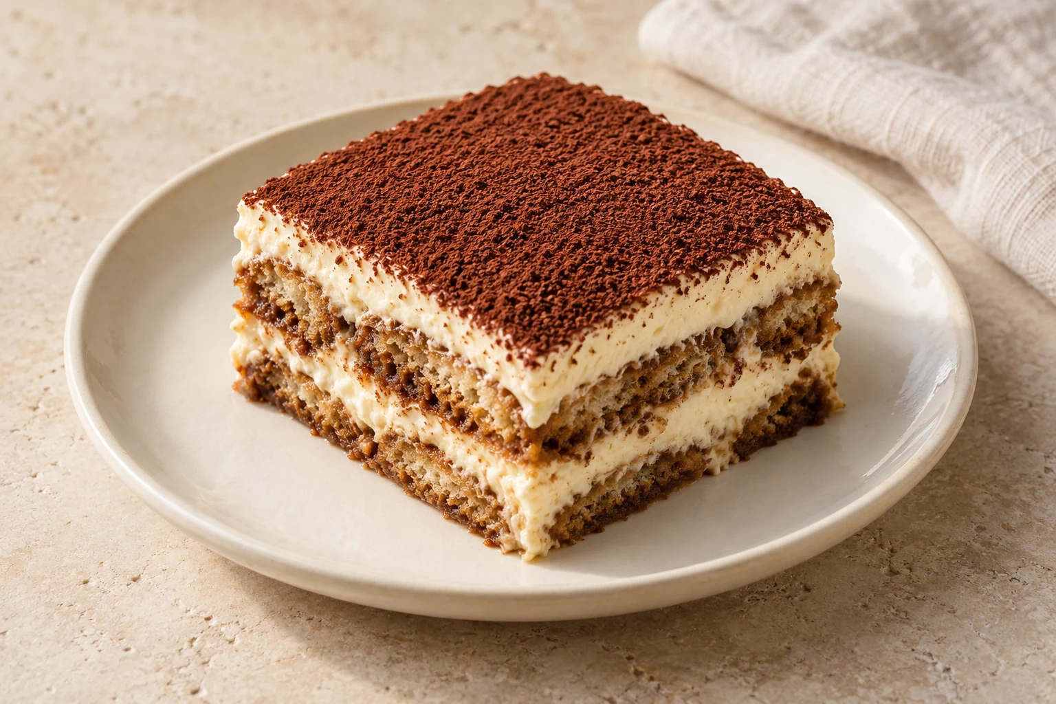 A square slice of tiramisu with coffee-soaked ladyfinger layers, pale mascarpone cream and a fine cocoa topping on an ivory plate