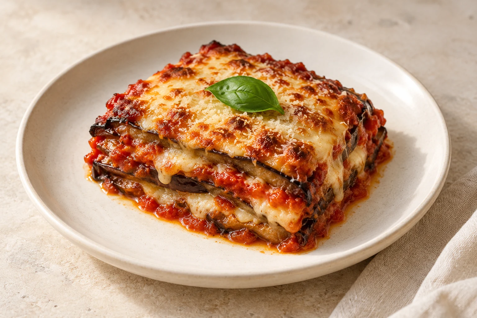 A square of layered eggplant parmigiana with tomato sauce, melted cheese and basil on an ivory plate