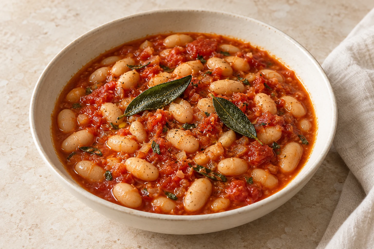 Cannellini beans in tomato sauce with cooked sage leaves and an olive oil sheen in an ivory bowl