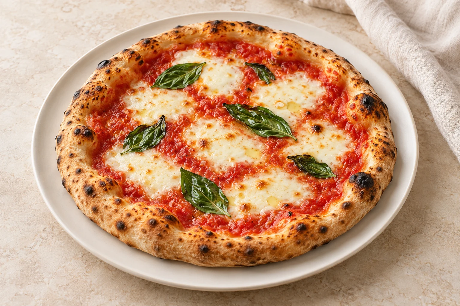 A round Margherita pizza with a golden puffed crust, tomato sauce, melted fresh mozzarella and basil on an ivory plate
