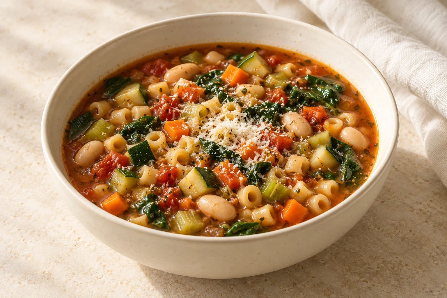Brothy tomato-tinted minestrone with white beans, ditalini, carrots, celery, zucchini, spinach, and grated Parmesan