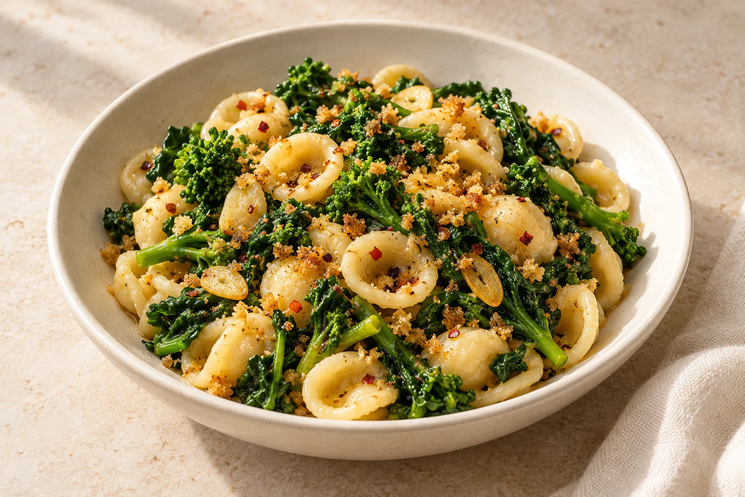 Ear-shaped orecchiette with chopped broccoli rabe, garlic, chile, and toasted golden breadcrumbs in an ivory bowl