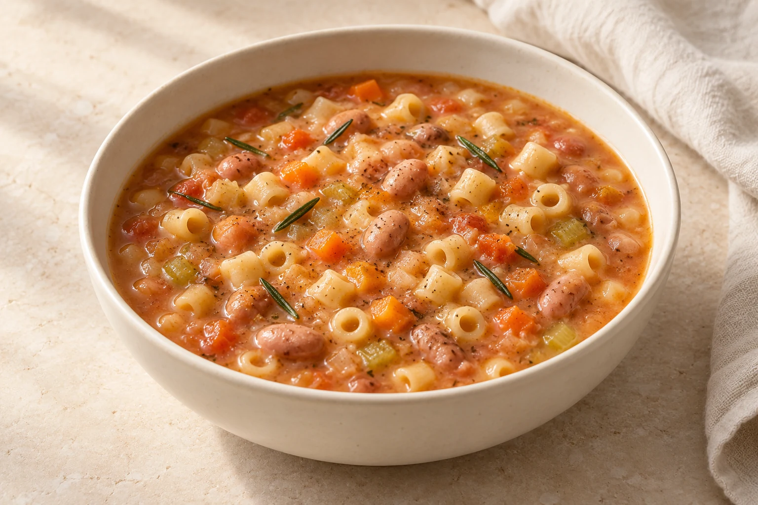 Creamy borlotti bean and ditalini soup with carrots, celery, onion, and rosemary in a deep ivory bowl