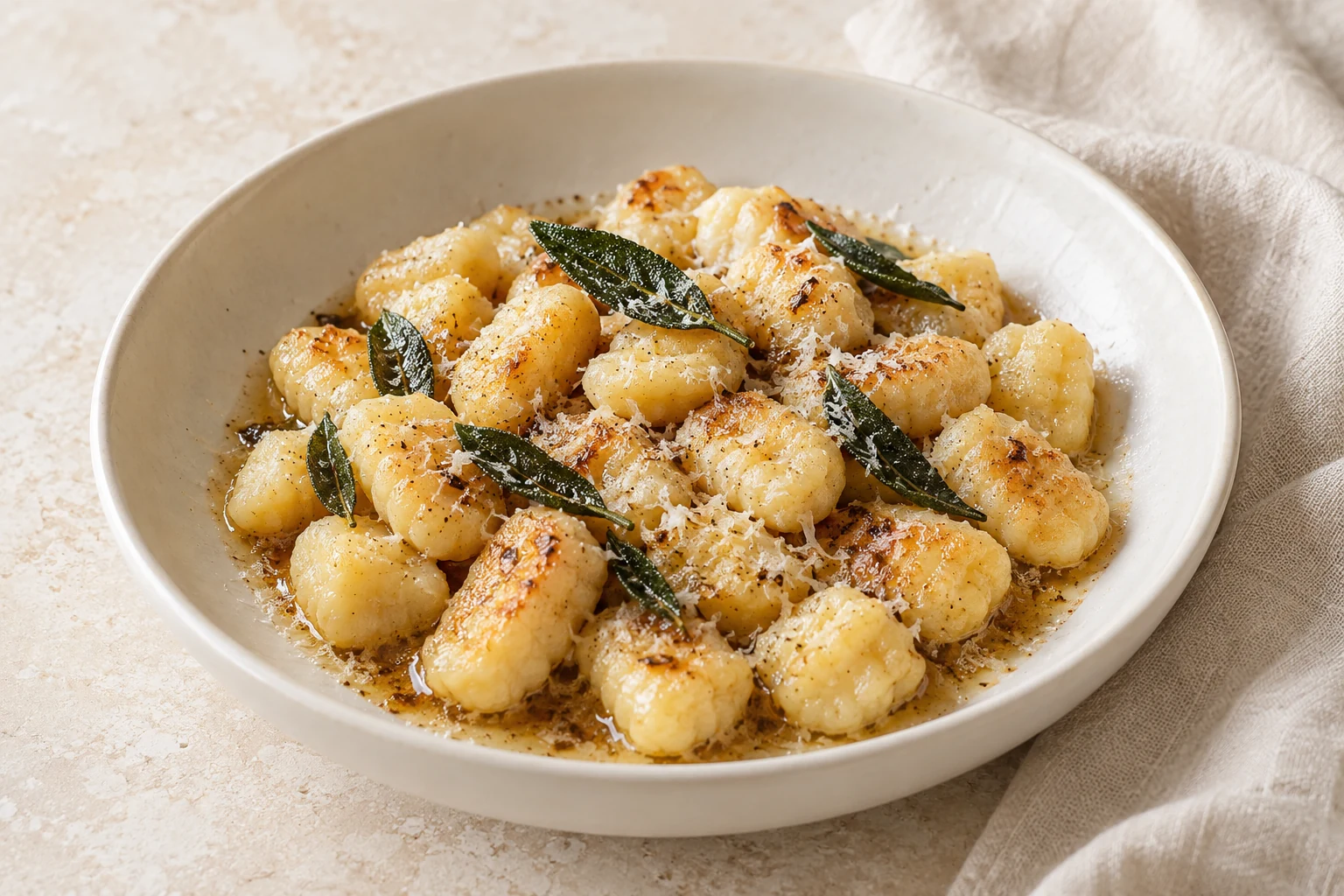 Small ridged potato gnocchi with glossy brown butter, fried sage leaves, and a light Parmesan dusting in an ivory bowl