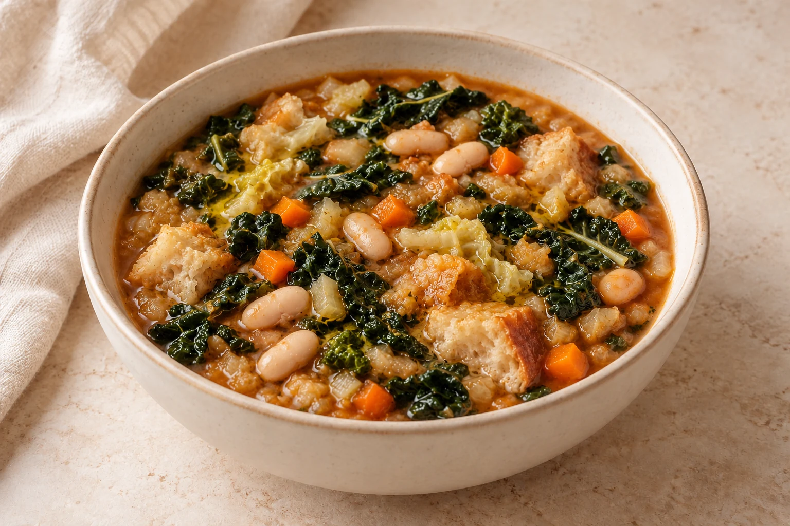 Thick Tuscan kale, cannellini, cabbage, and carrot soup with softened rustic bread and an olive oil drizzle in an ivory bowl