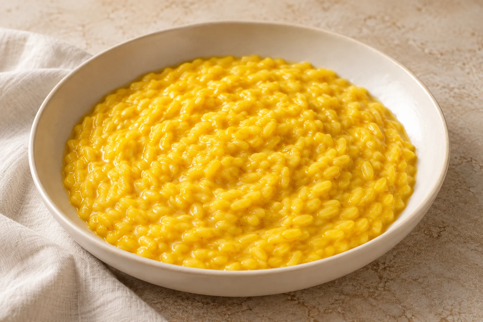 Glossy saffron-yellow risotto with distinct rice grains spread softly in a shallow ivory bowl