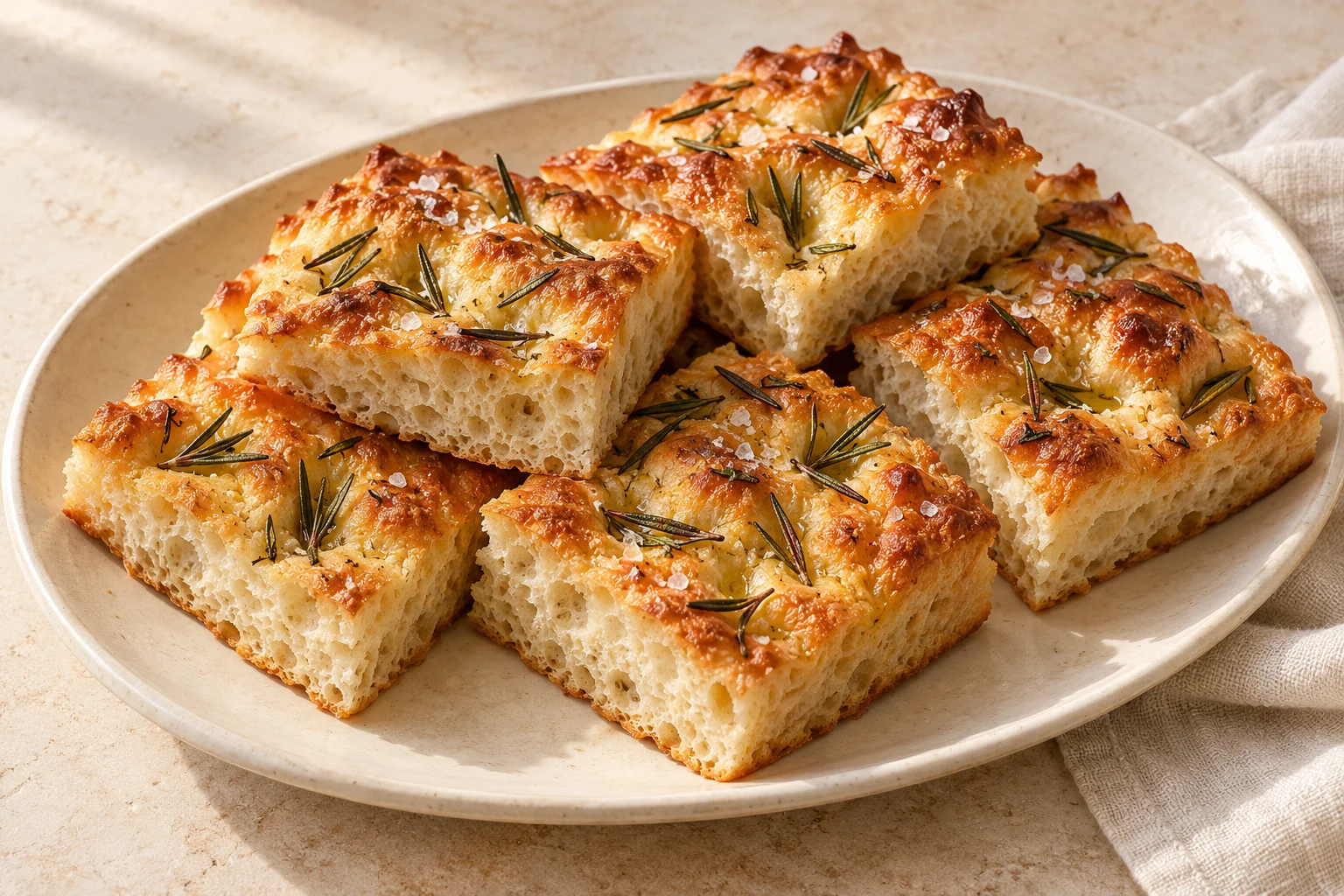 Thick golden focaccia squares with an airy crumb, olive oil dimples, rosemary and coarse salt on an ivory platter