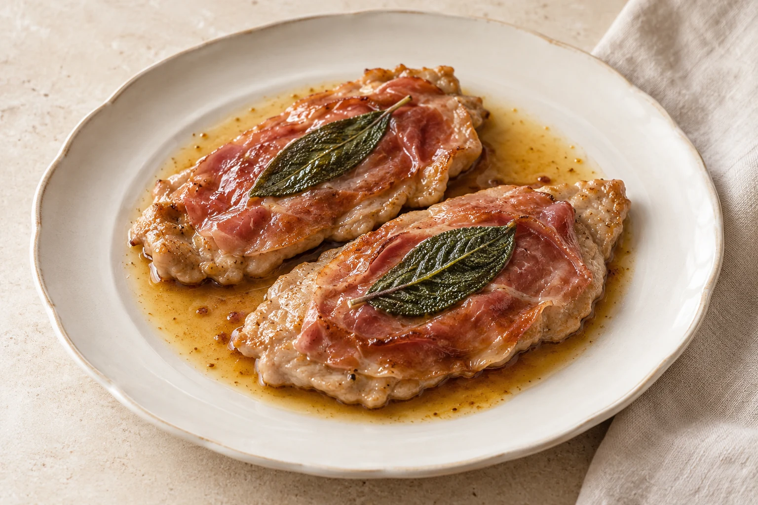 Thin veal saltimbocca topped with prosciutto and sage in a glossy butter sauce on an ivory plate