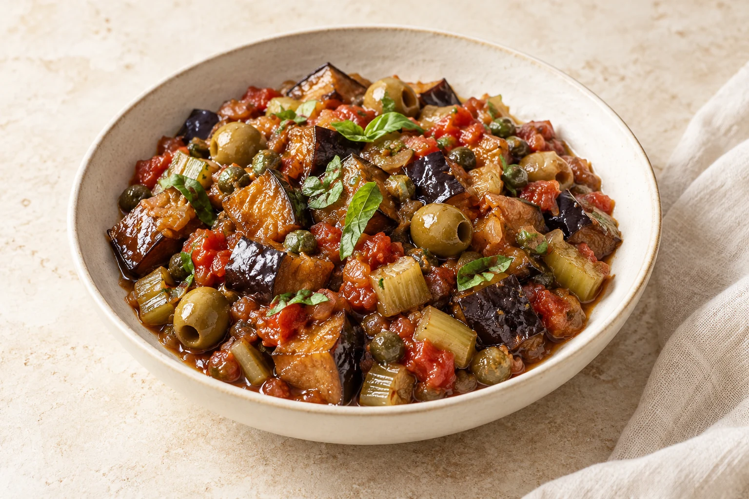 Glossy eggplant caponata with celery, green olives, capers and basil in an ivory bowl