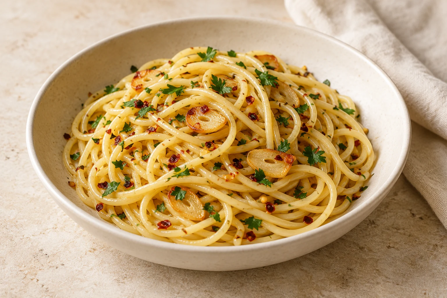 Glossy spaghetti with thin golden garlic slices, red chile flakes, and chopped parsley in a shallow ivory bowl