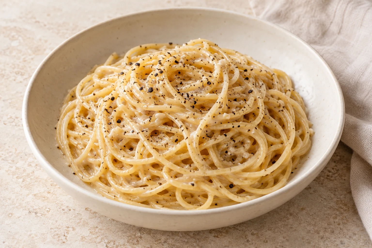 Spaghetti in a glossy pale Pecorino sauce speckled with cracked black pepper in a shallow ivory bowl