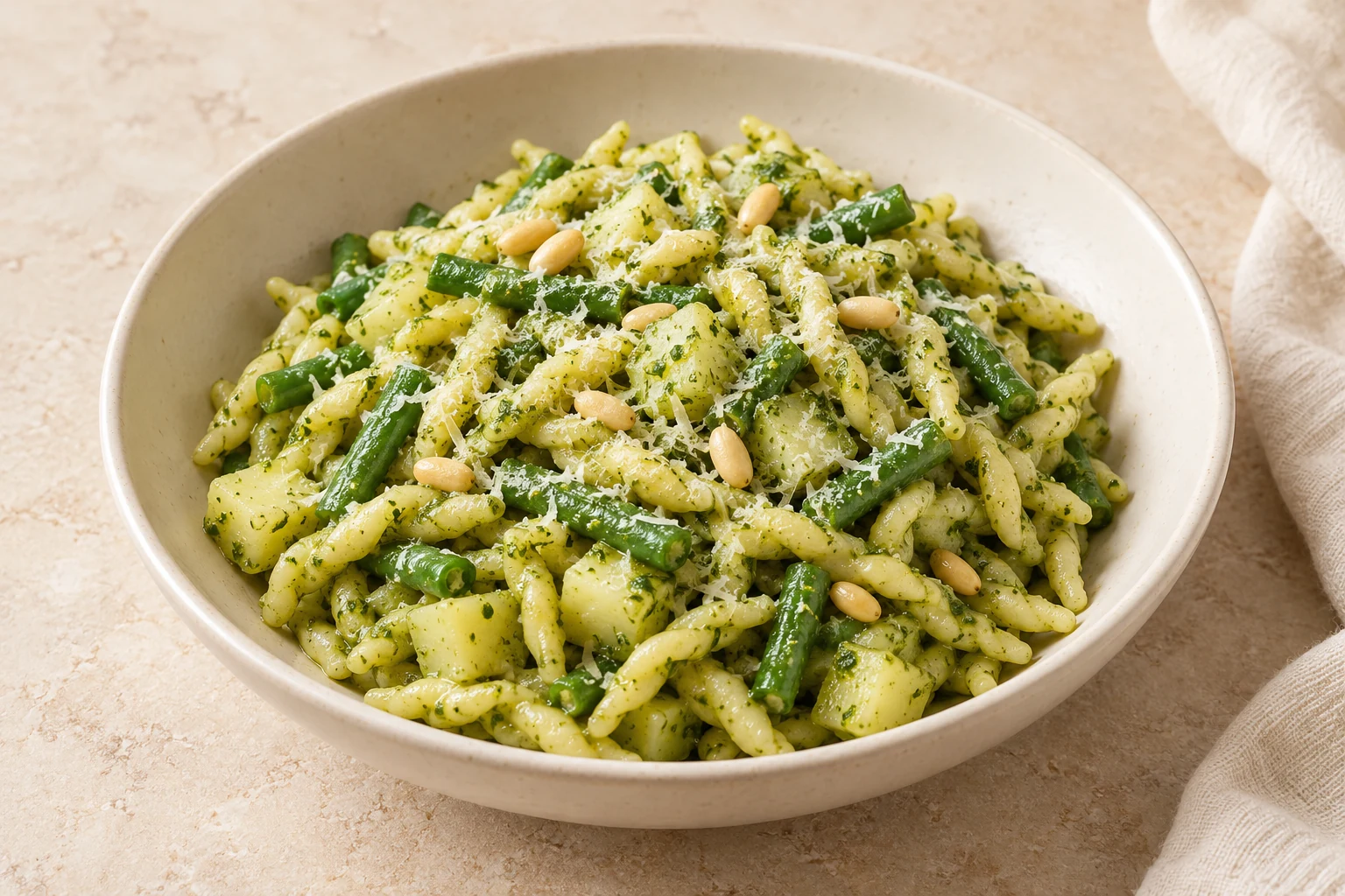 Twisted trofie pasta with green basil pesto, green-bean pieces, small potato cubes, Parmesan, and a few pine nuts in an ivory bowl