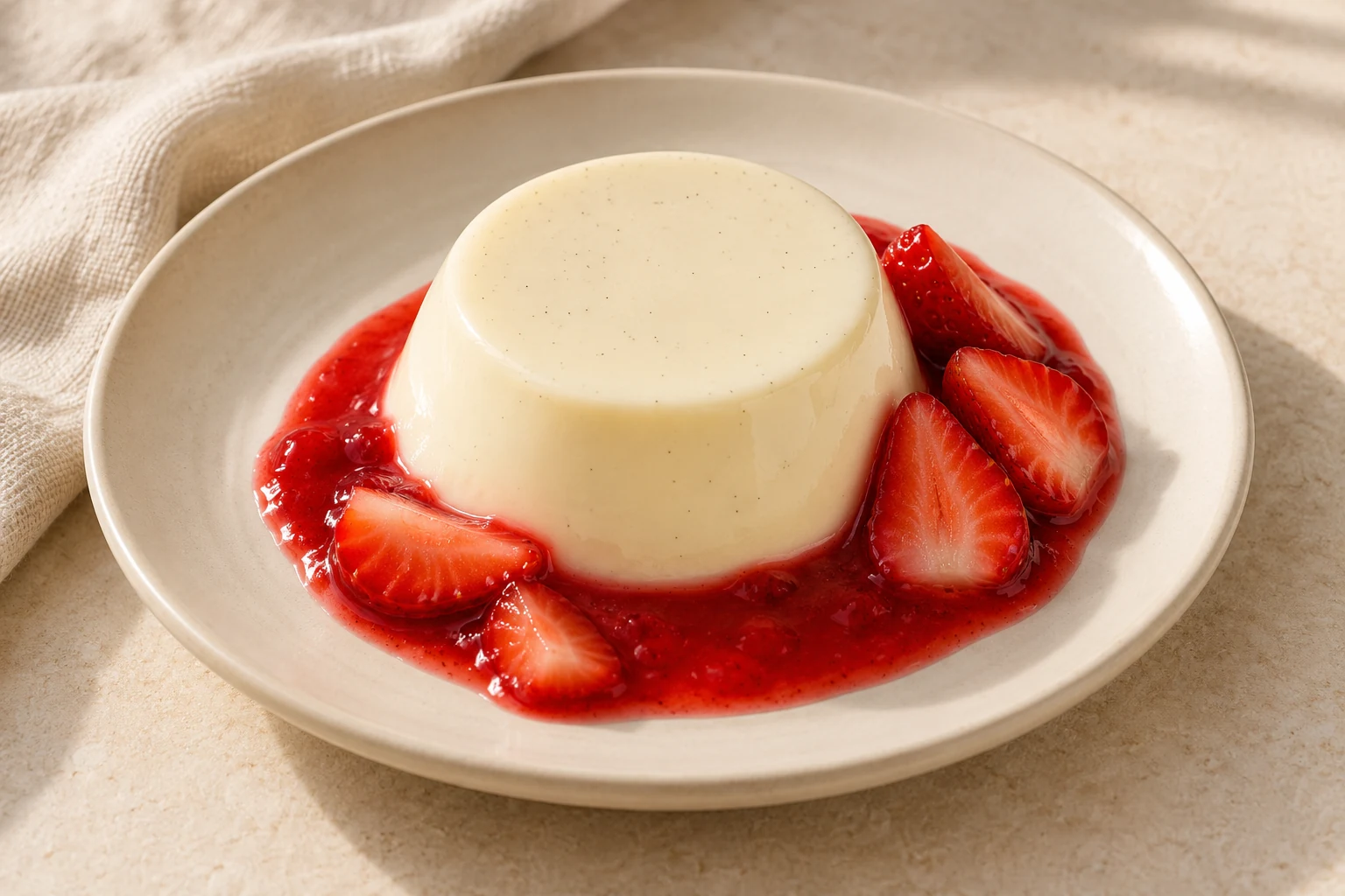 An unmolded ivory vanilla panna cotta surrounded by red strawberry sauce and a few fresh strawberry slices