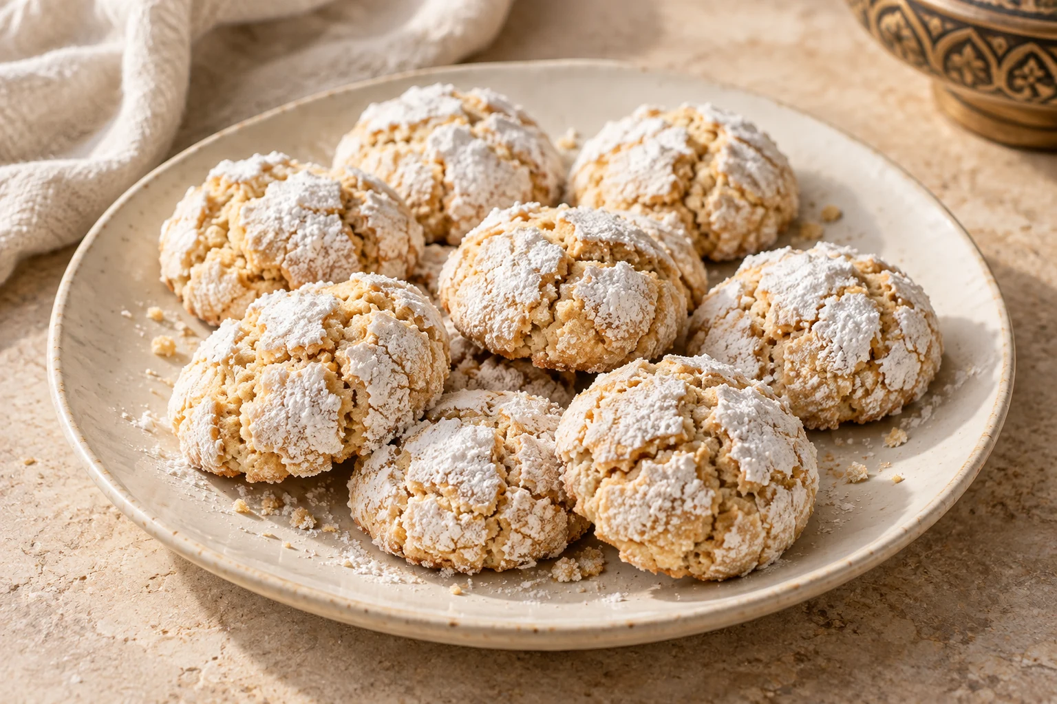 Small pale almond cookies with irregular cracks in their powdered-sugar coating, loosely arranged on a plate