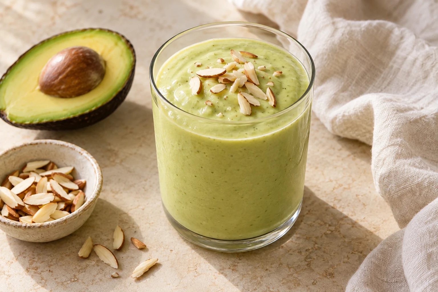 Thick pale-green avocado milkshake in a clear glass with a few unevenly scattered almond slivers