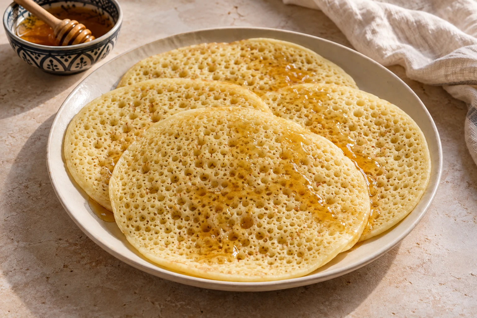 Pale-golden one-sided semolina pancakes with naturally irregular small pores and a loose honey-butter drizzle