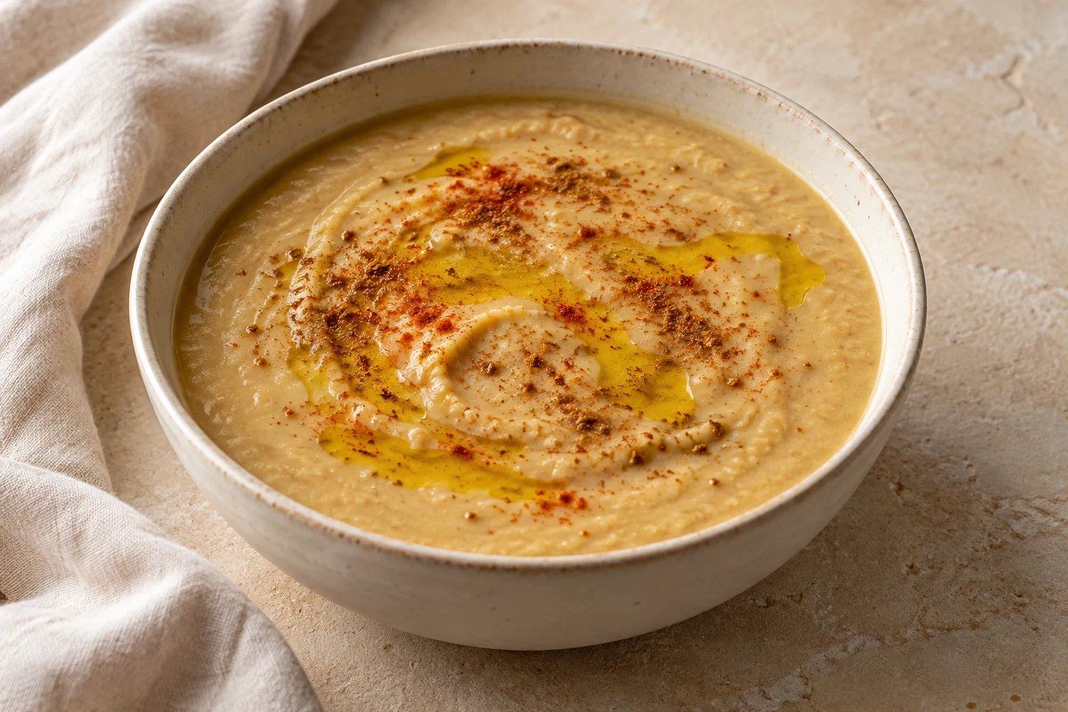 Thick pale-beige fava-bean soup with an uneven olive-oil drizzle and lightly scattered cumin and paprika