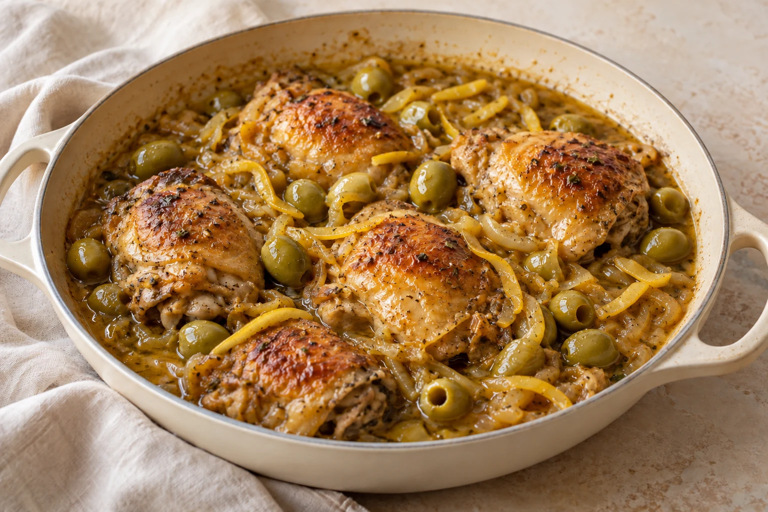 Bone-in chicken thighs in a golden onion sauce with green olives and irregular thin strips of preserved lemon rind