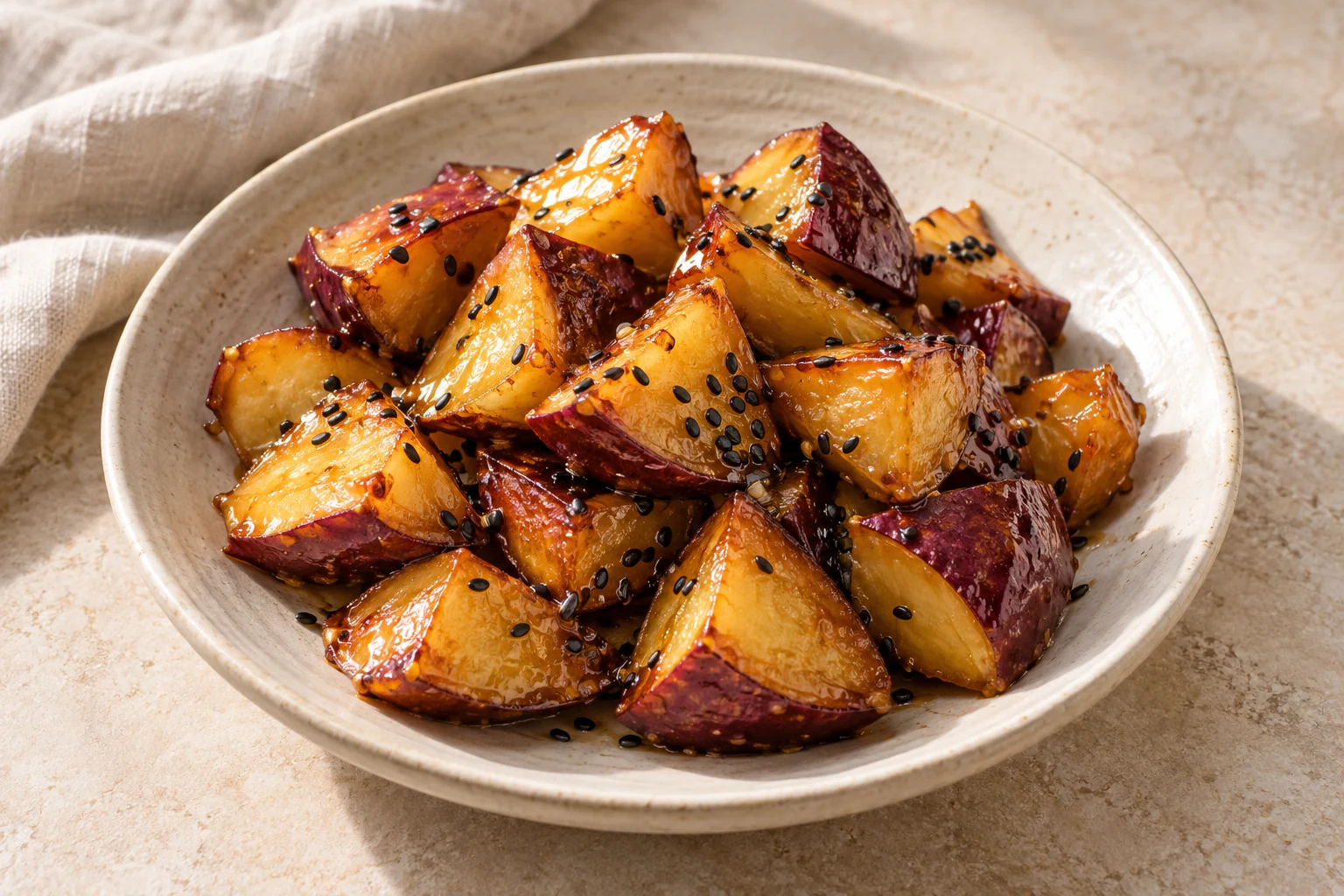 Irregular purple-skinned, yellow-fleshed Japanese sweet-potato pieces with a glossy amber coating and scattered black sesame seeds