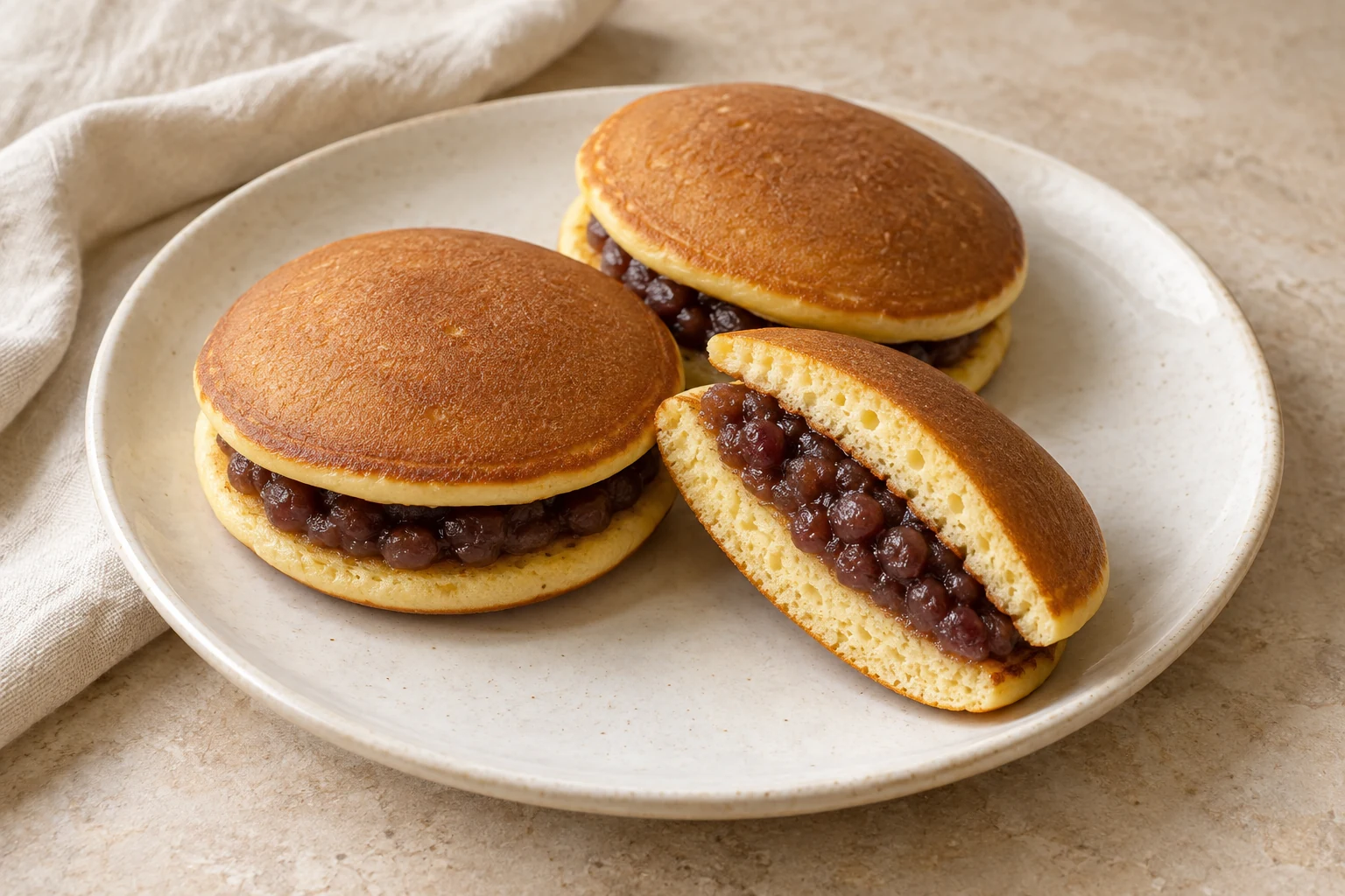Golden pancake sandwiches with naturally varied browned edges, one opened to show chunky dark-red sweet bean filling