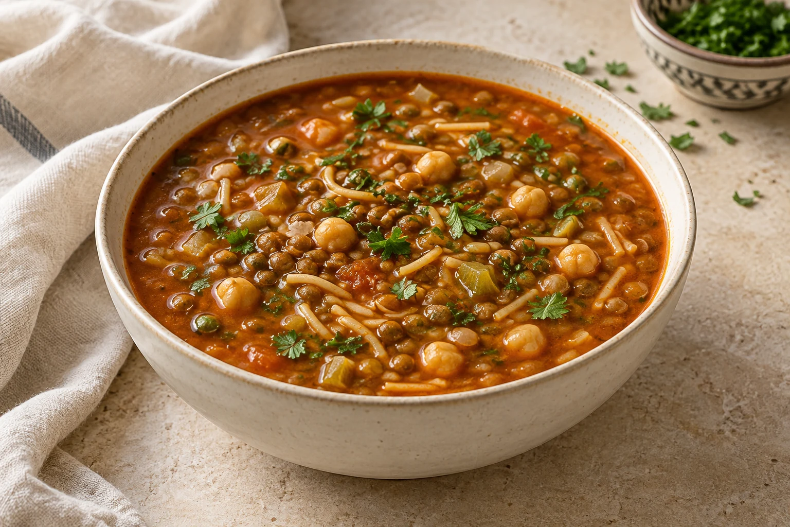 Rustic red tomato soup with lentils, chickpeas, short vermicelli pieces, celery, and loosely scattered green herbs