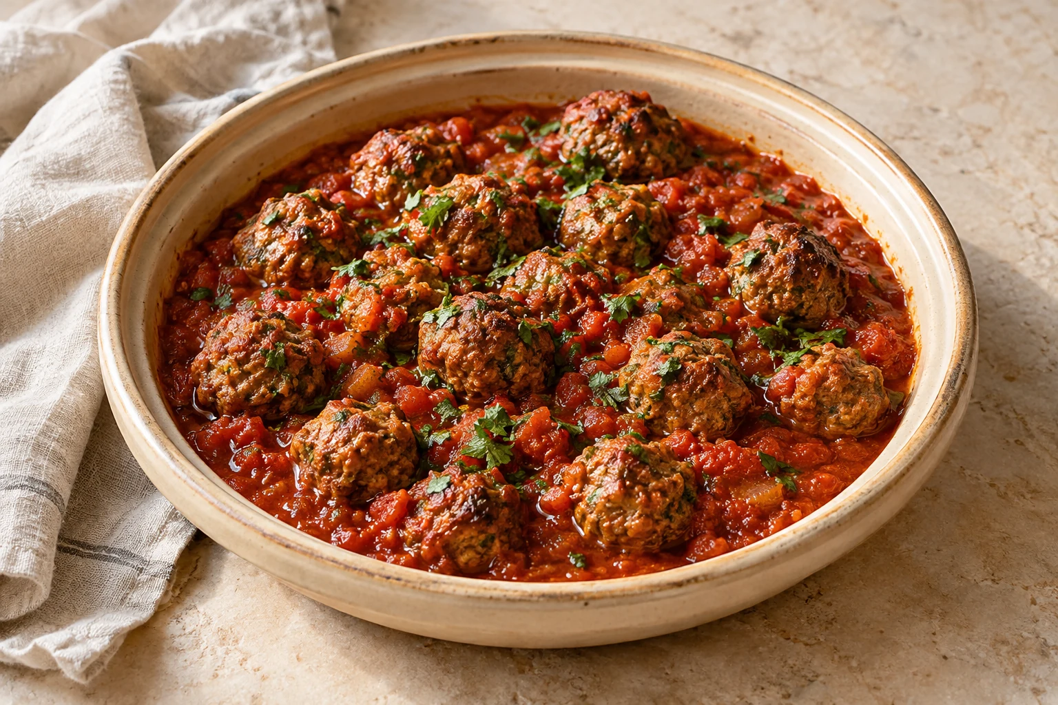 Small naturally uneven beef meatballs in a thick red tomato sauce with scattered parsley and cilantro, without eggs