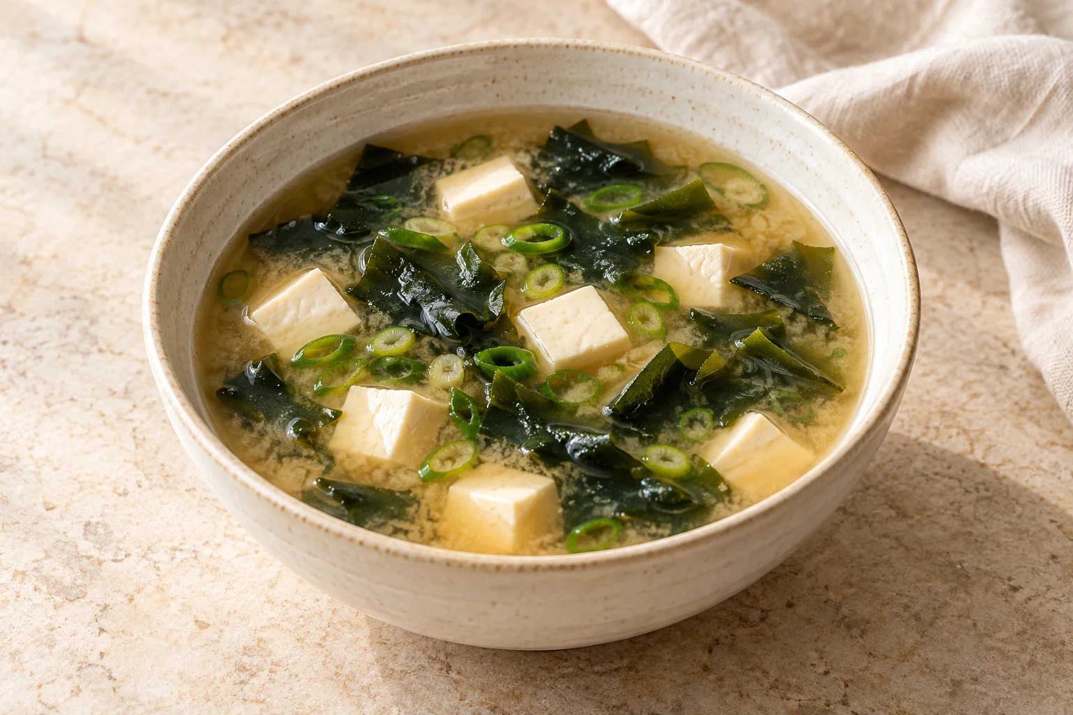 Lightly cloudy miso broth with ivory tofu cubes, irregular dark wakame seaweed, and a few scallion slices