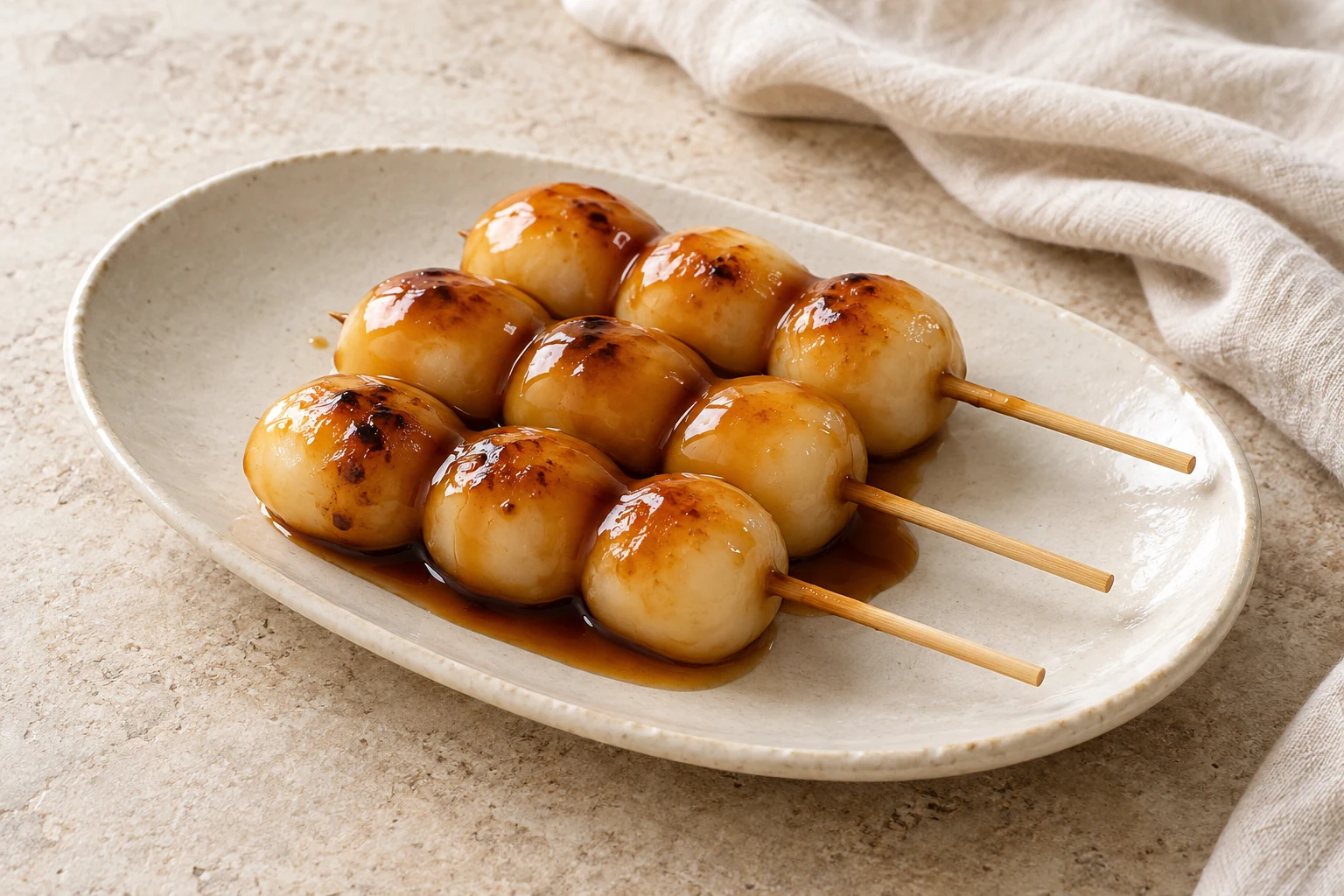 Small ivory rice dumplings on skewers with translucent amber soy glaze and a few irregular lightly toasted spots