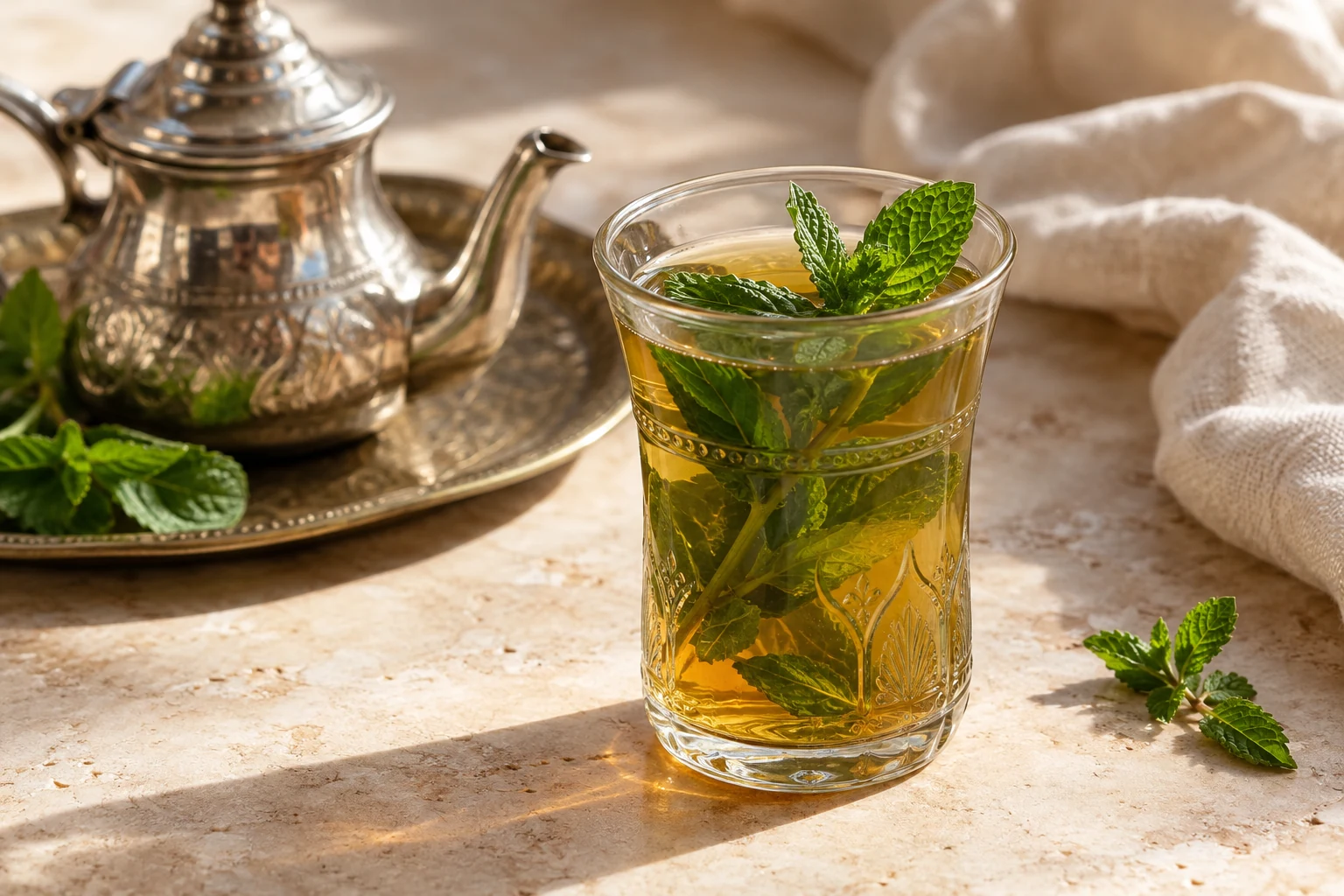 Amber-green tea in a clear heatproof glass with loosely gathered fresh spearmint leaves