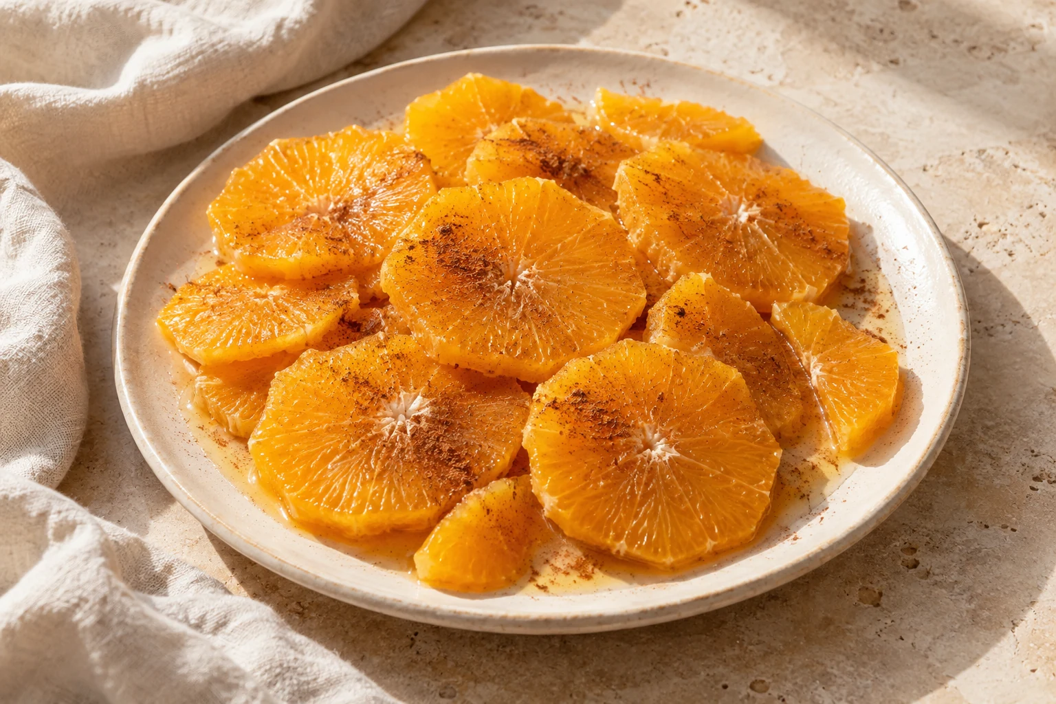 Casually overlapping orange rounds with a restrained uneven dusting of cinnamon and a little pooled orange juice