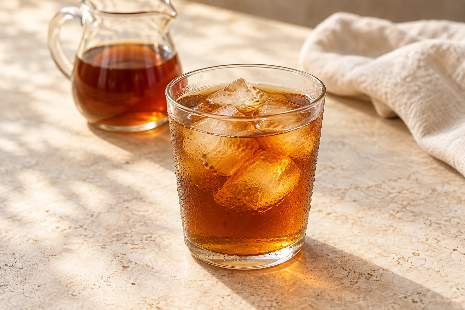 Clear amber roasted-barley tea with uneven ice cubes in a simple glass, without garnish
