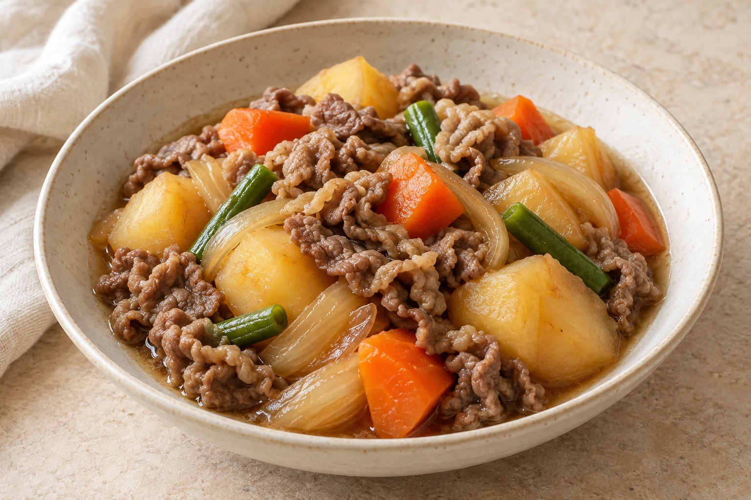 Thin beef ribbons, irregular potato and carrot chunks, soft onion, and a few green beans in light brown cooking juices